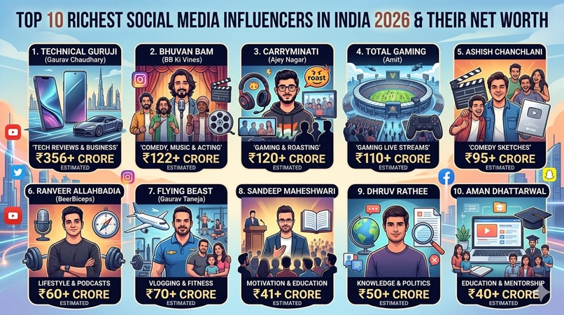 India’s Top 10 Richest Influencers in 2026 – Net Worth Revealed